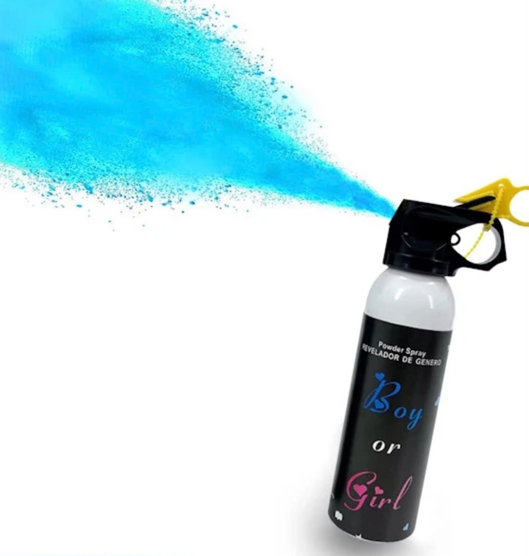 Blauwe gender reveal brandblusser spray die een blauwe wolk poeder spuugt