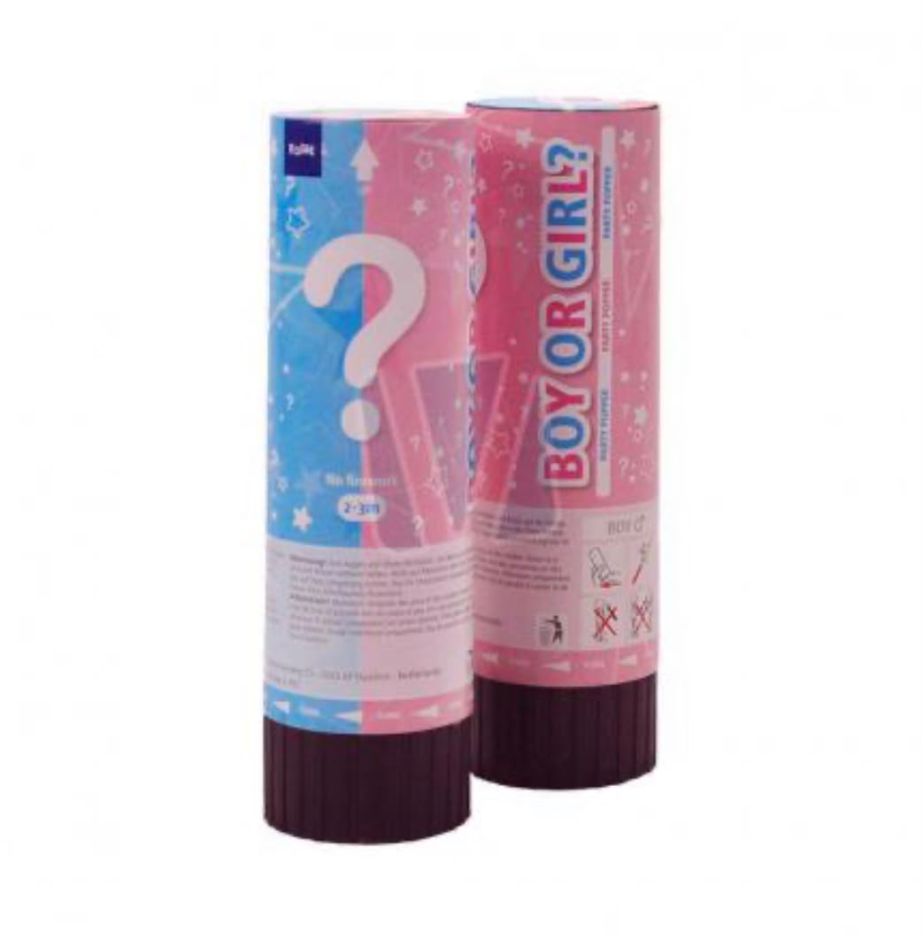Confetti kanon voor een gender reveal met blauwe confetti