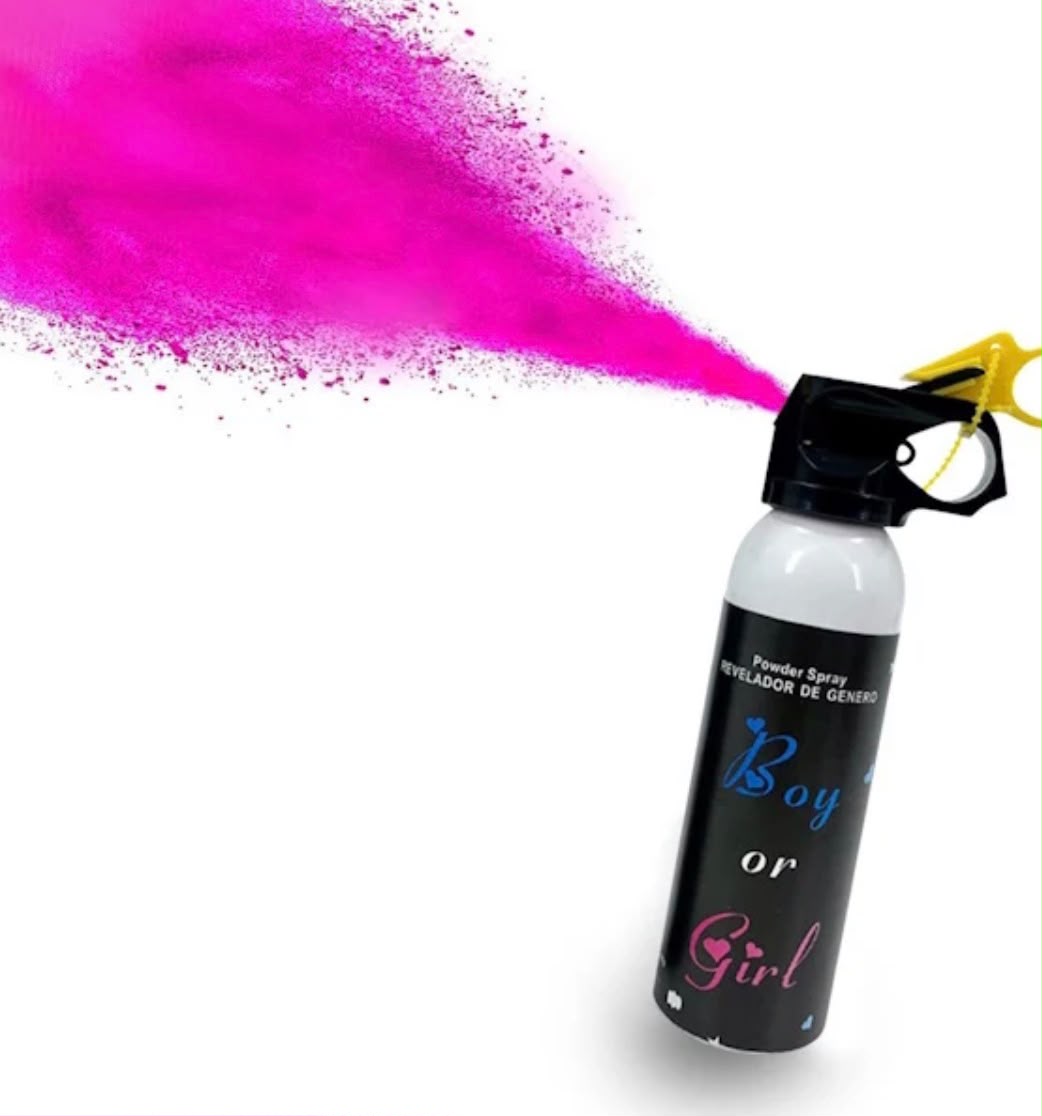 Roze gender reveal brandblusser spray die een roze wolk poeder spuugt