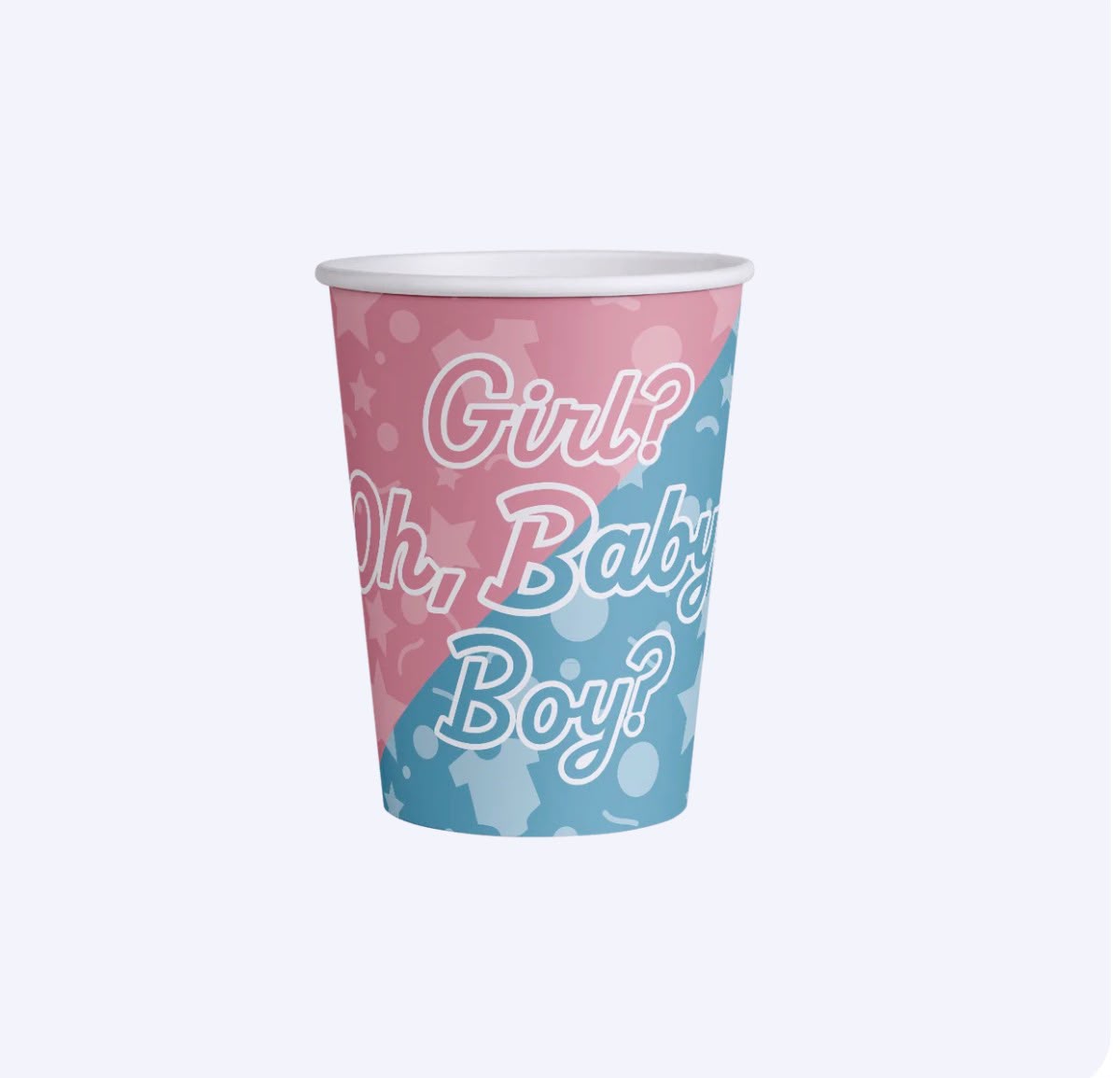 Papieren beker met Girl? Oh, Baby Boy? in roze en blauw