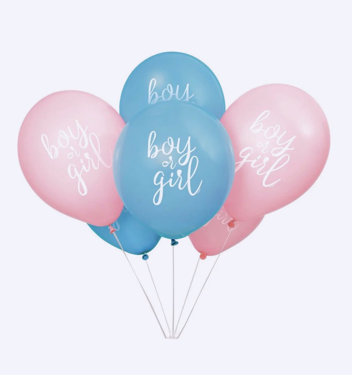 Roz en blauwe ballonnen met witte Boy or Girl opdruk