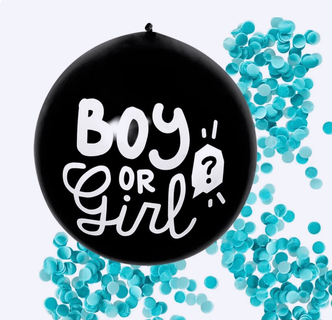 Zwarte Boy or Girl balloon met blauwe confetti